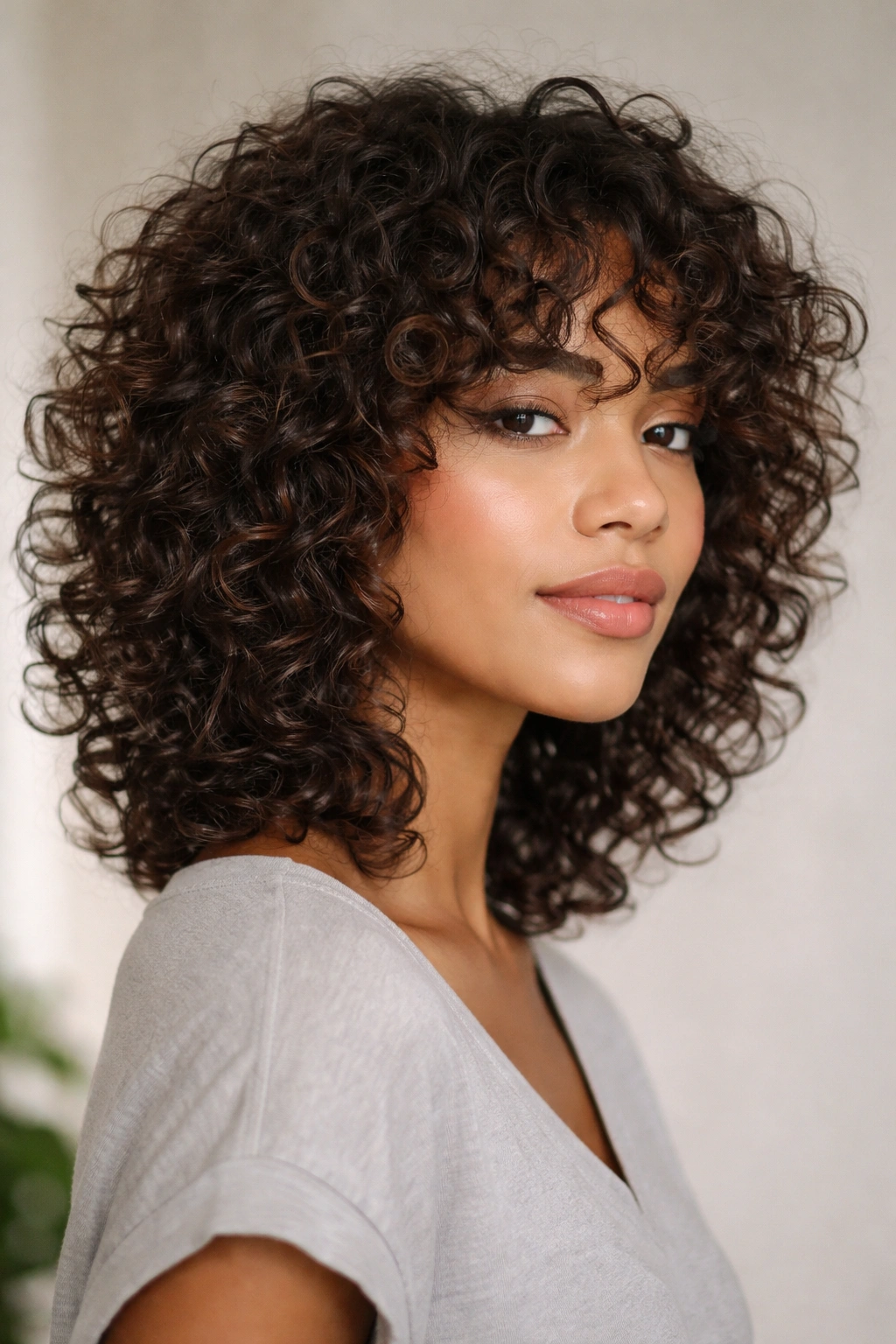 Portrait of a person with a curly shag showing layered curls and movement.