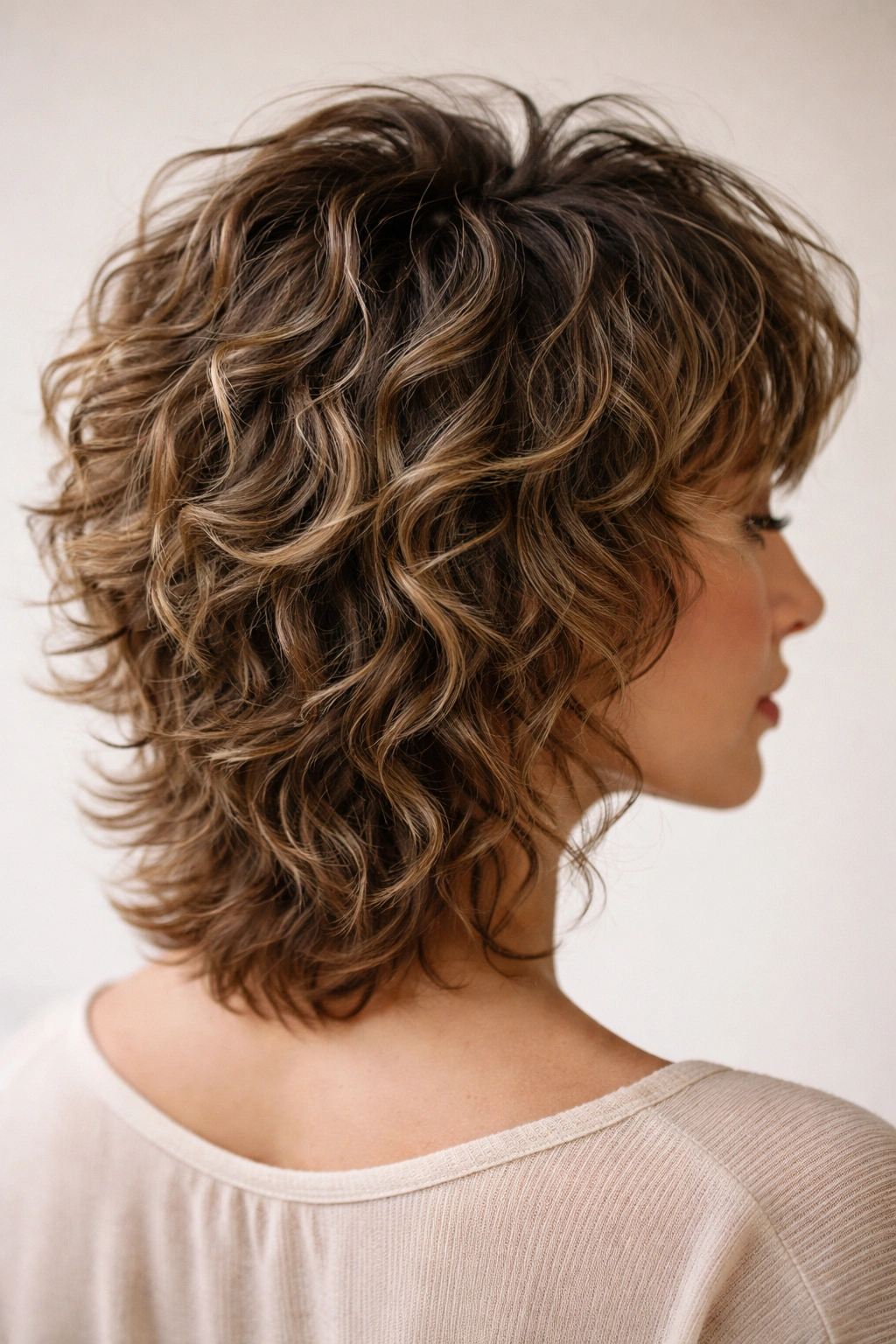 Short And Wavy 15 Haircuts Designed For Your Texture 6 Curly shag with cropped crown and longer back showing lifted waves.