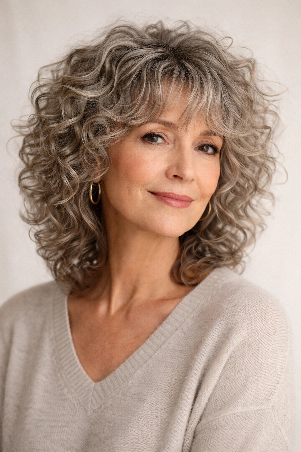 Older woman with curly shag hairstyle highlighting natural curls.