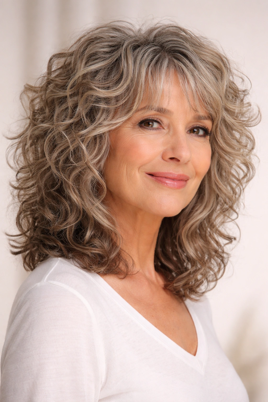 Portrait of a woman with mid-length curly shag and feathered layers