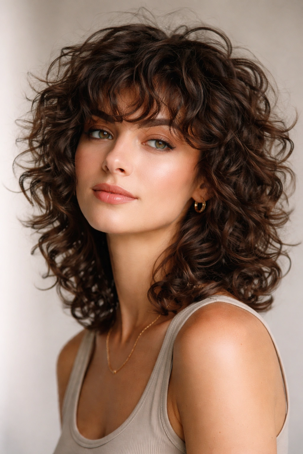 Close-up of a person with curly shag haircut showing layered curls