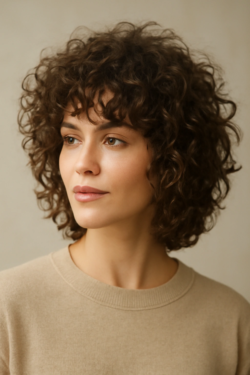 20 Short Shag Haircuts for Easy, Effortless Mornings 8 Portrait of curly shag with face-framing layers highlighting natural curl pattern.