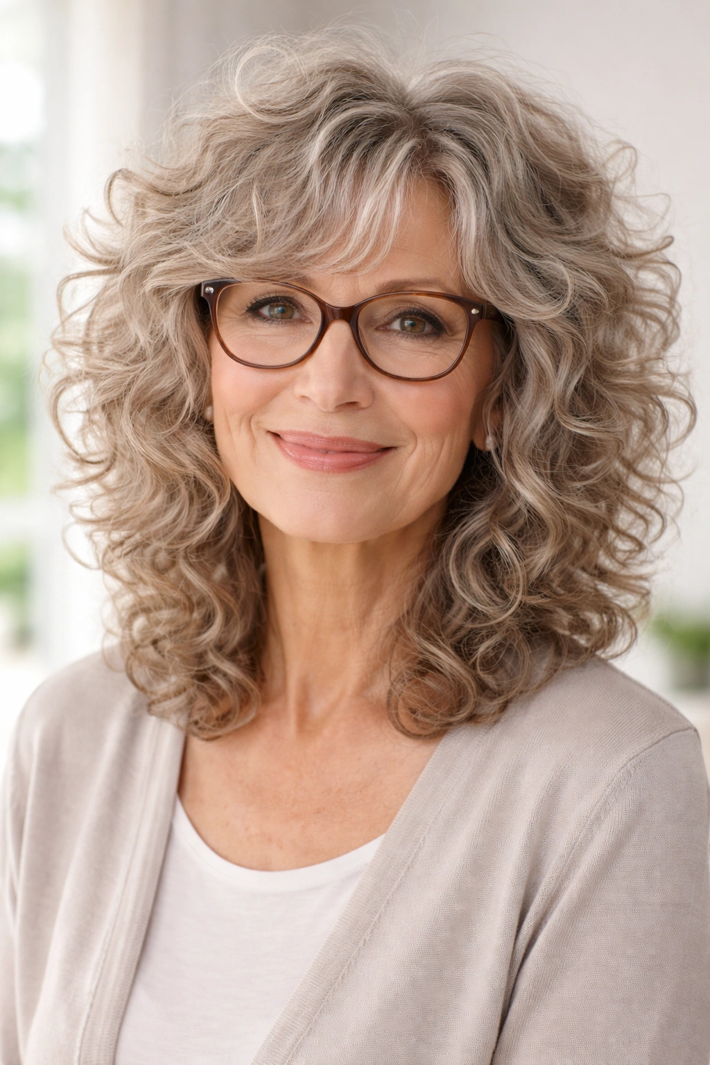 Older woman with curly shag haircut and glasses