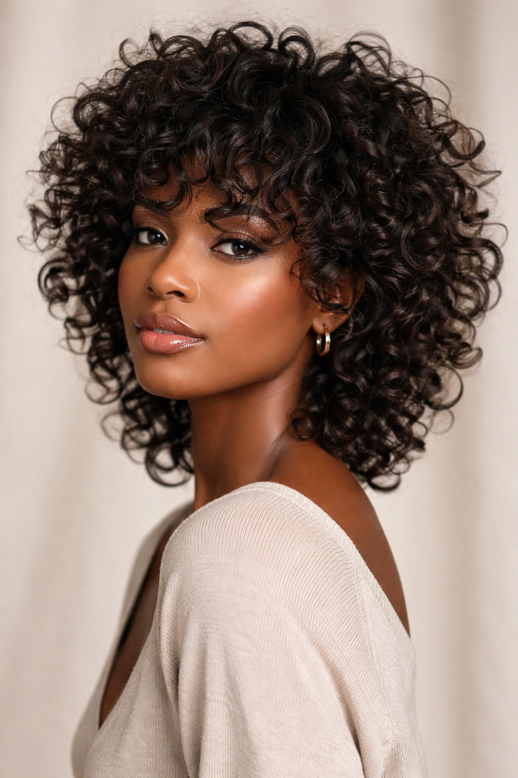 Portrait of a Black woman with curly layered shag hairstyle