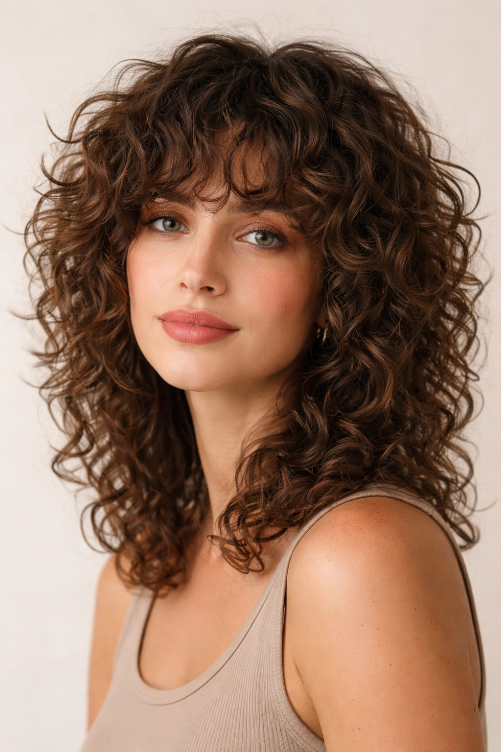 Close-up portrait of a curly-textured shag hairstyle with defined curls and minimal frizz