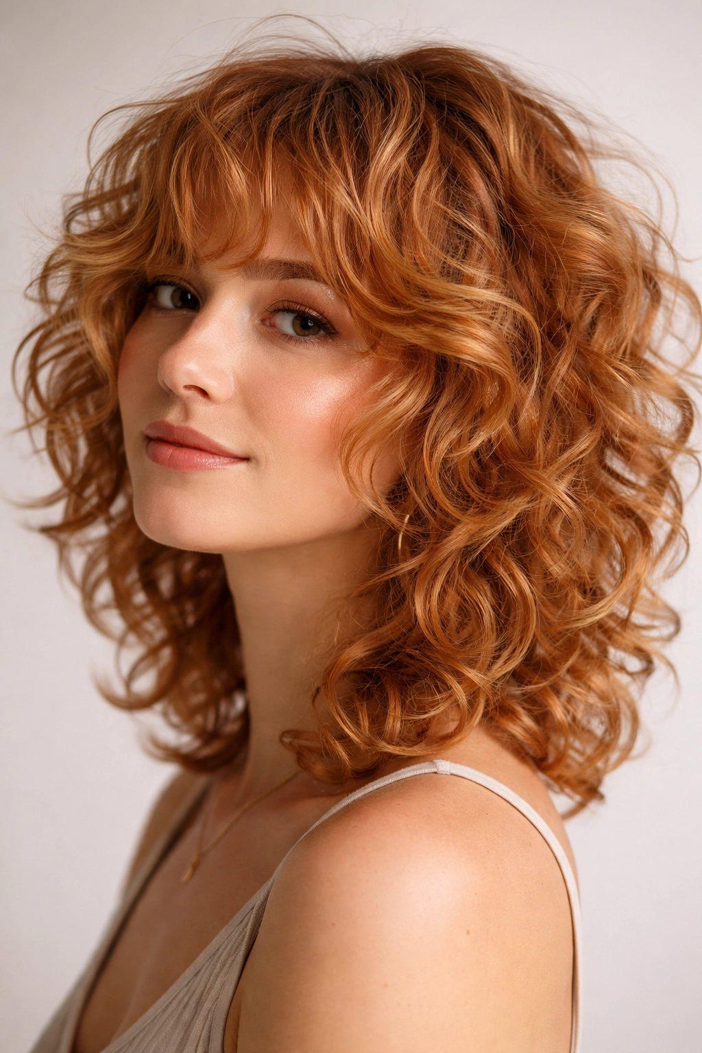 Curly shag hairstyle in strawberry blonde with defined curls.