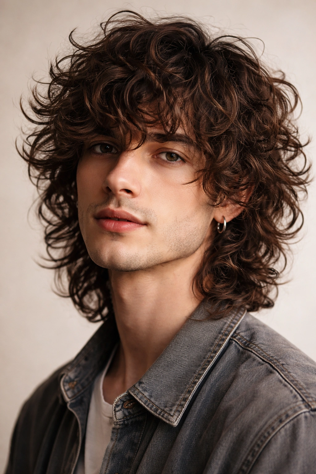 Portrait of a man with curly shag hairstyle showing layered curls