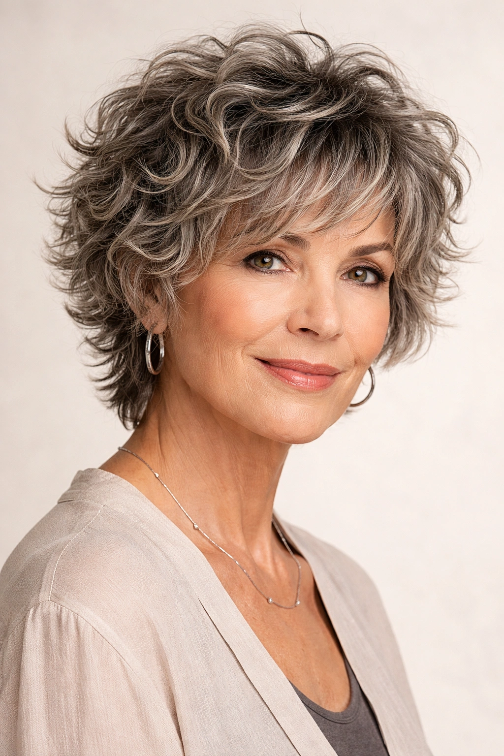 Short curly shag with modern edge and choppy layers