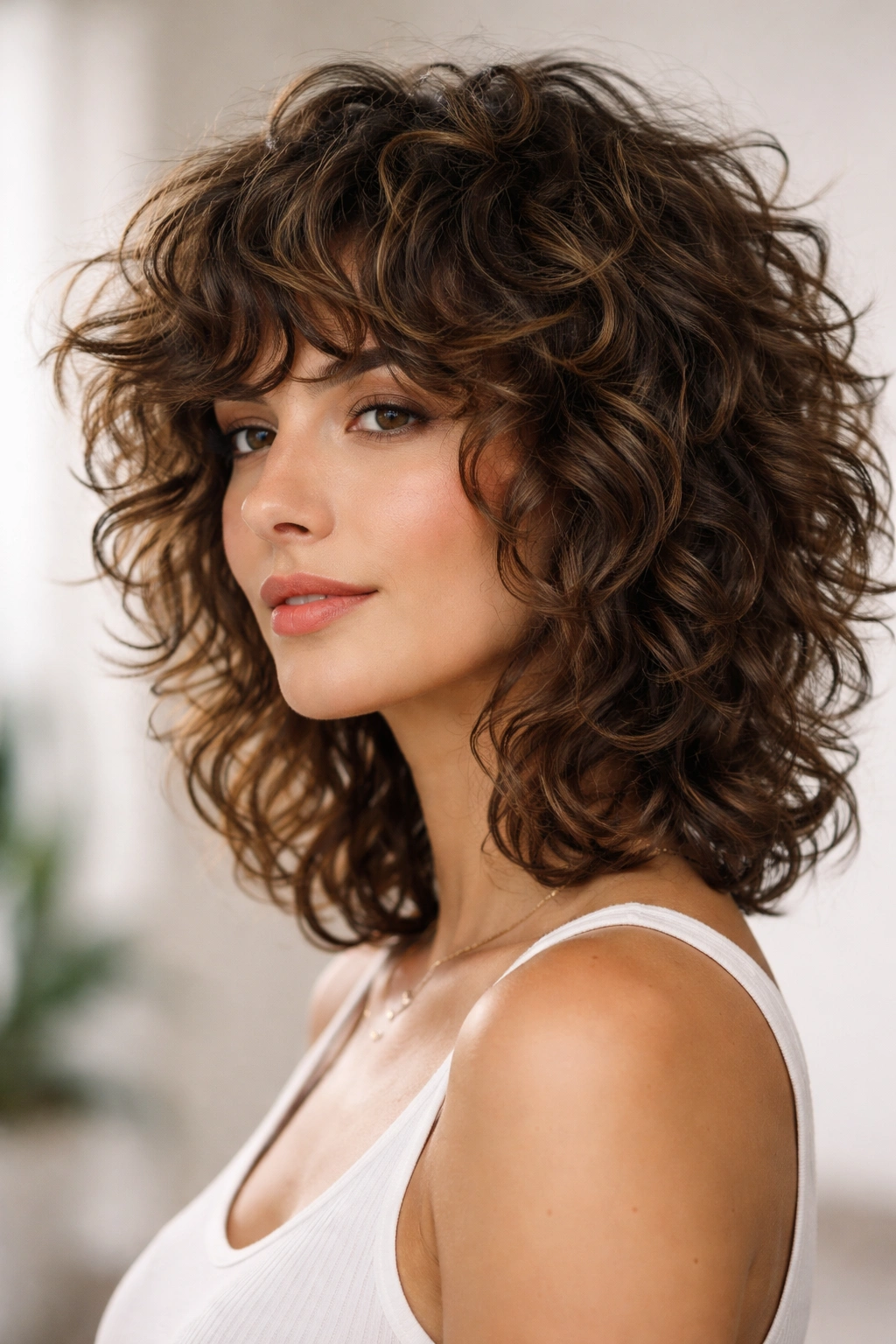 Close-up of a curly shag hairstyle with movement and face-framing layers.