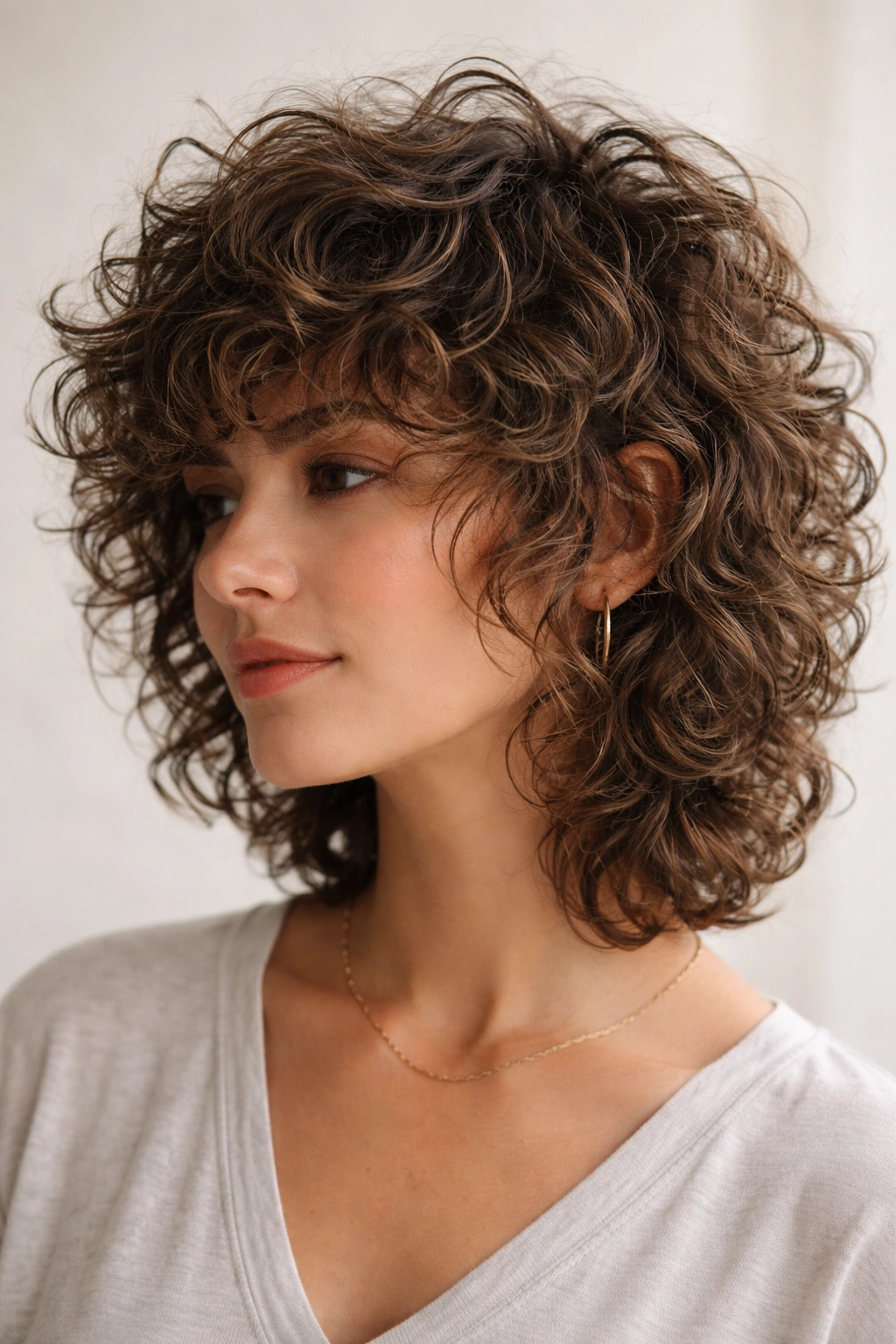Close-up of curly shag showing natural curls and layered texture