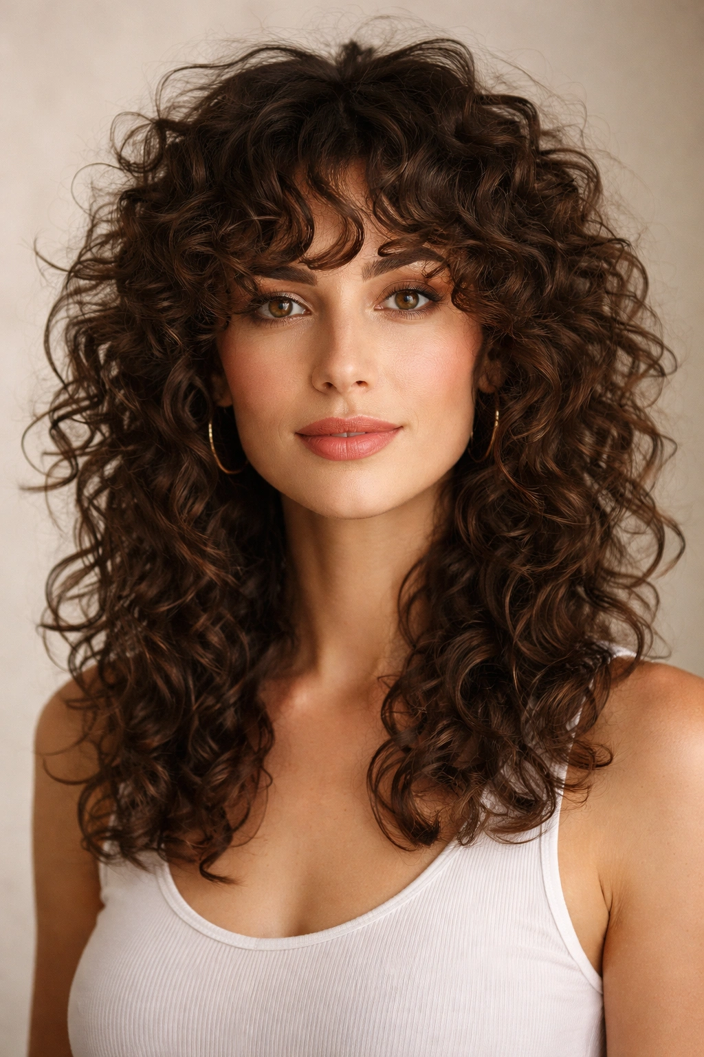 Close-up of curly shag with layers tailored for an oblong face