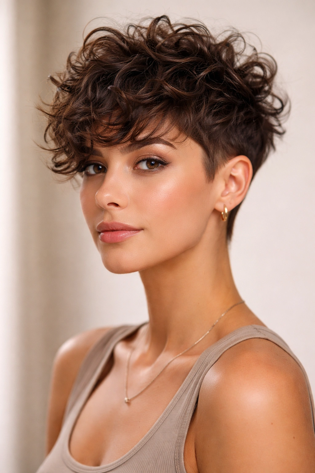 Curly Shag Pixie Hybrid showing short sides and textured top on curls.
