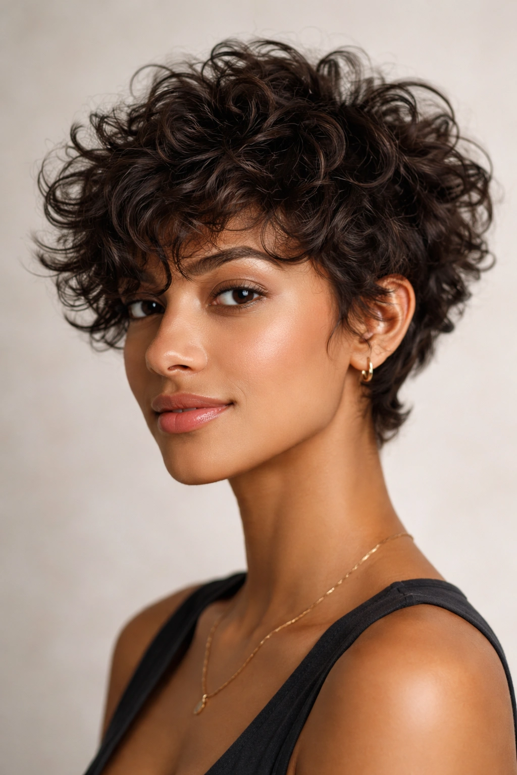 Three-quarter portrait of a model with curly shag pixie and layered texture.
