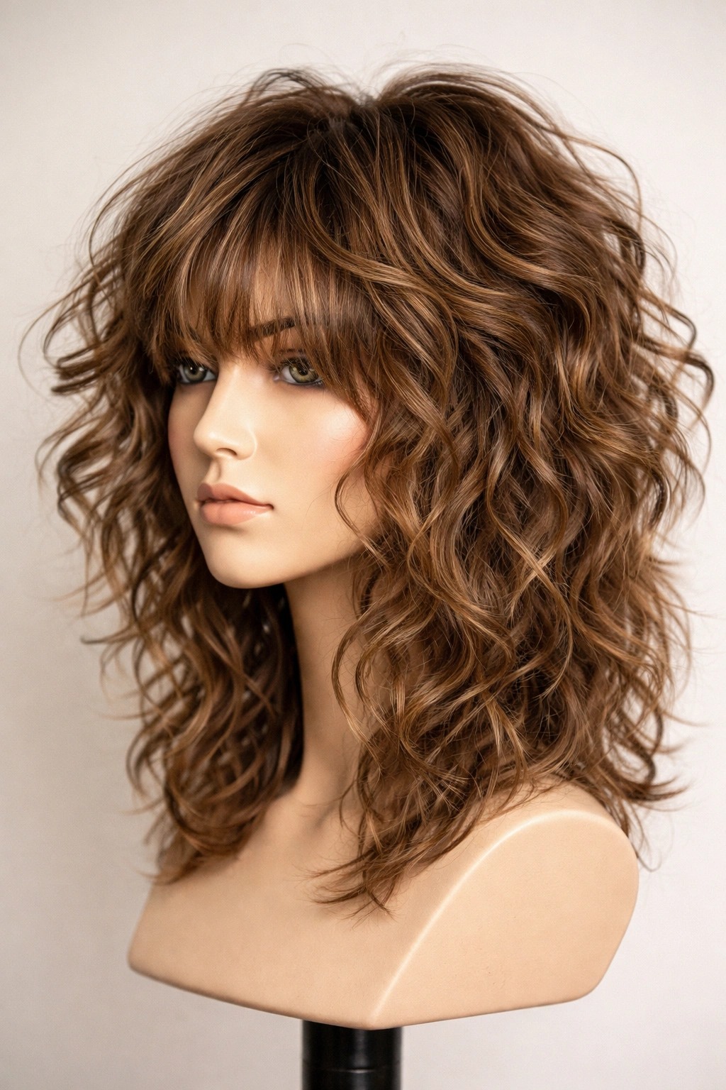Close-up of a mannequin head with curly shag texture and crown volume