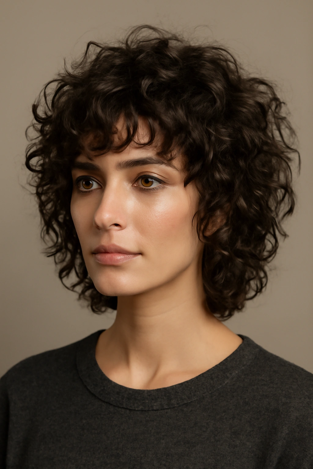 Close-up of defined curly shag with layered pieces and fringe