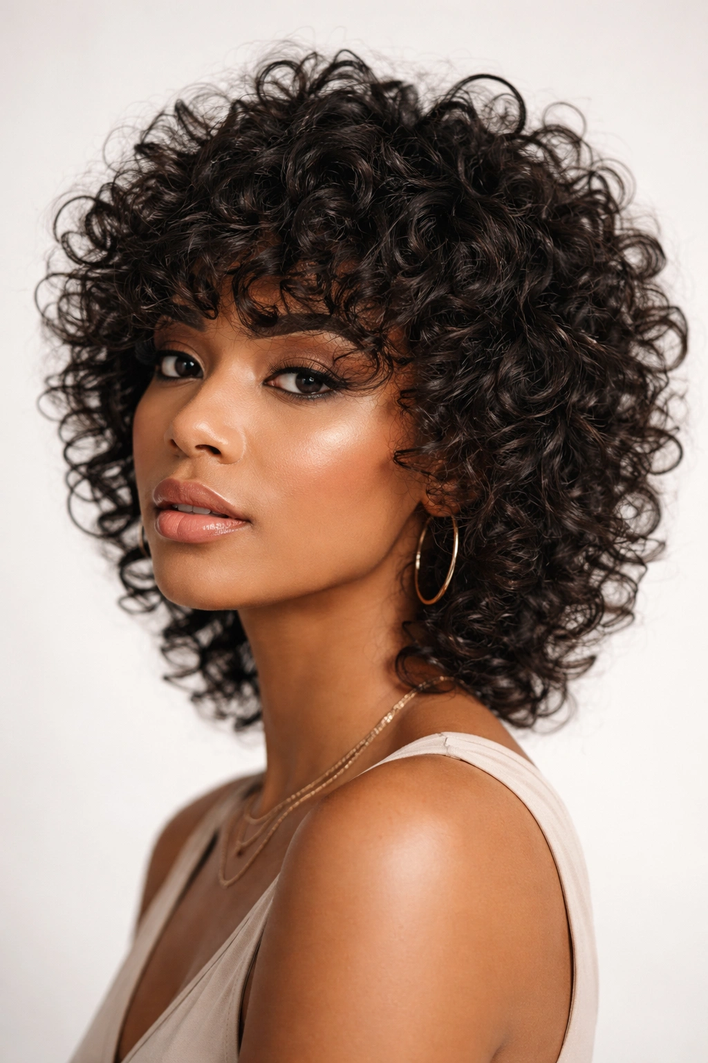 Three-quarter portrait of a Black woman with a curly shag showing lots of texture and movement