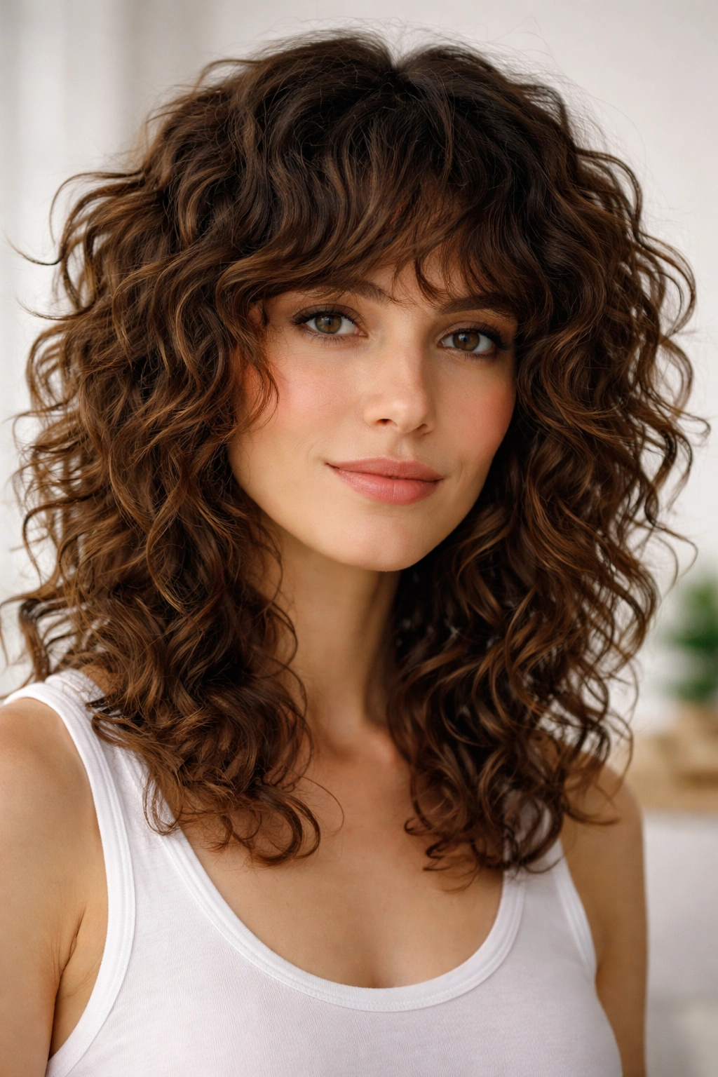 Curly hair with textured shag showing underlayers and preserved curl pattern