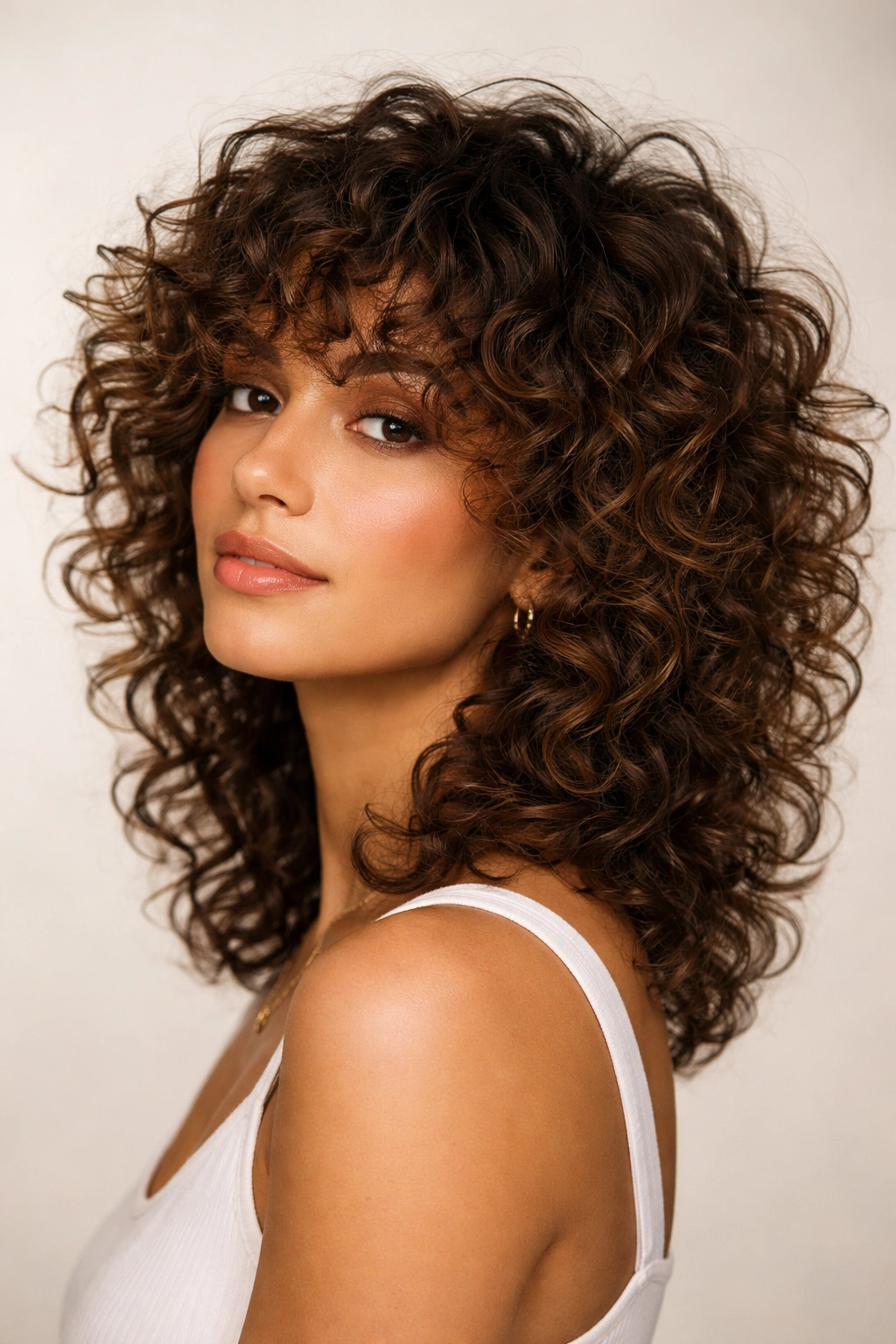Close-up of The Curly Shag hairstyle showing layered curls and crown lift.