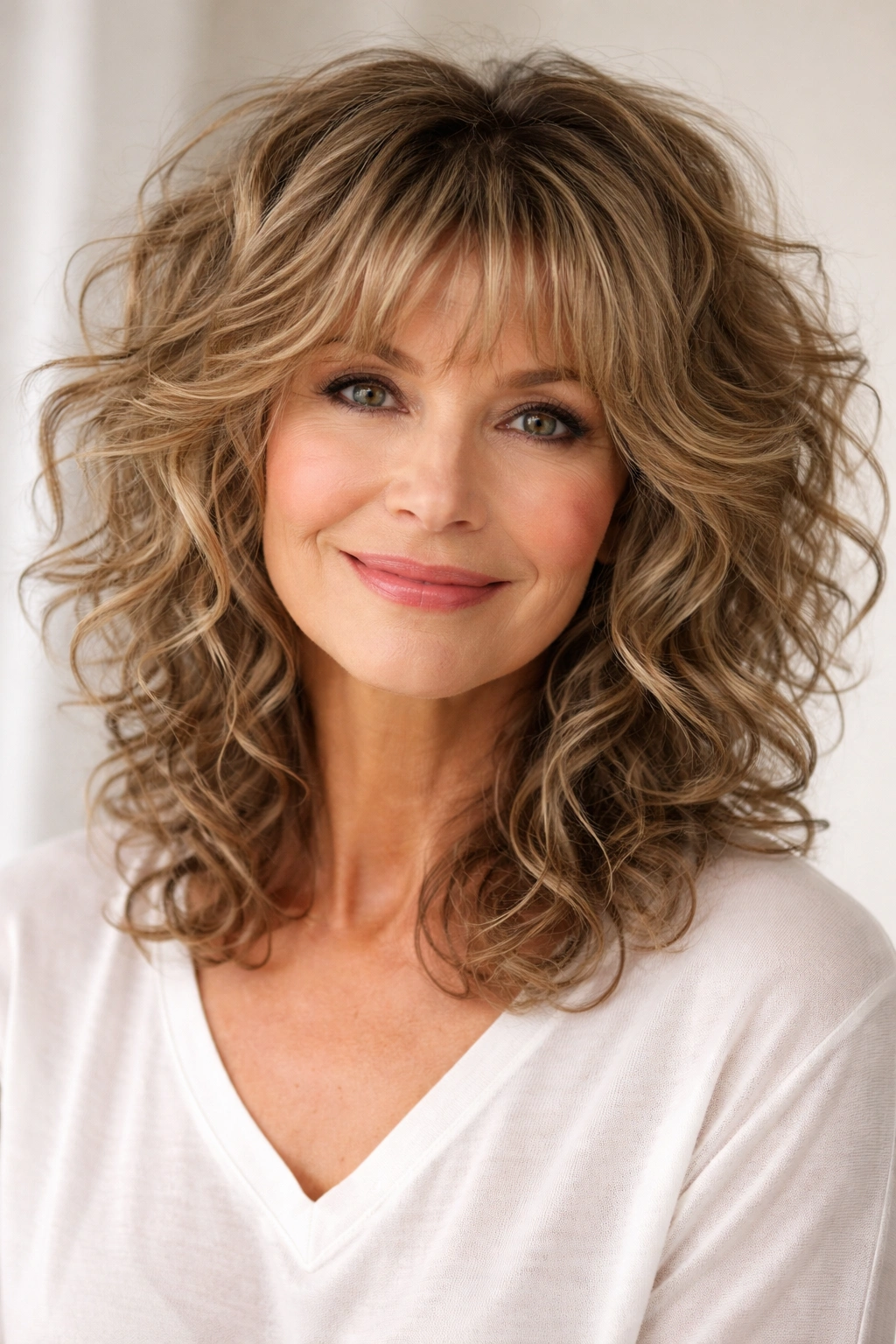 Layered curly shag with wispy bangs on a mature woman