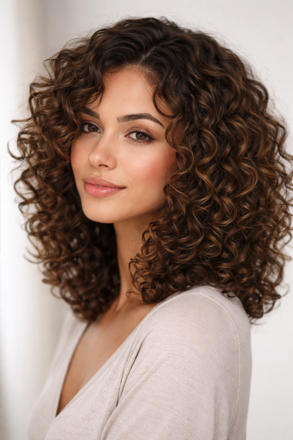 Close-up of Curly Shoulder Length Cut showing defined curls and volume