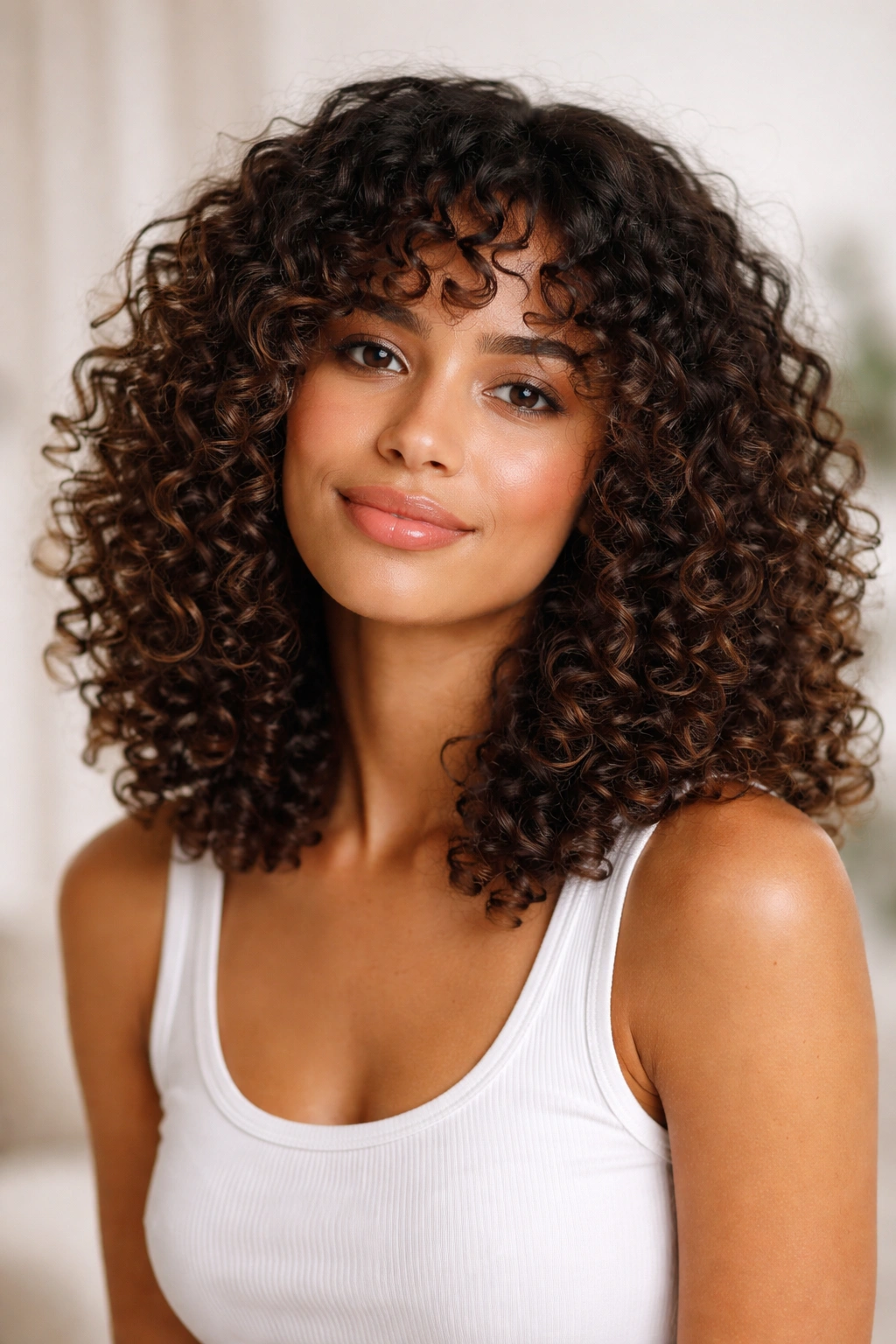 Shoulder-length curly cut with defined coils on a model