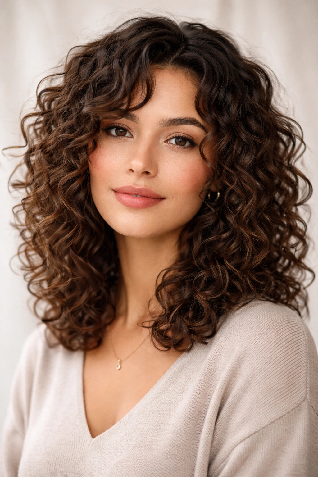 Close-up of curly shoulder-length hair with defined layers and separated curls