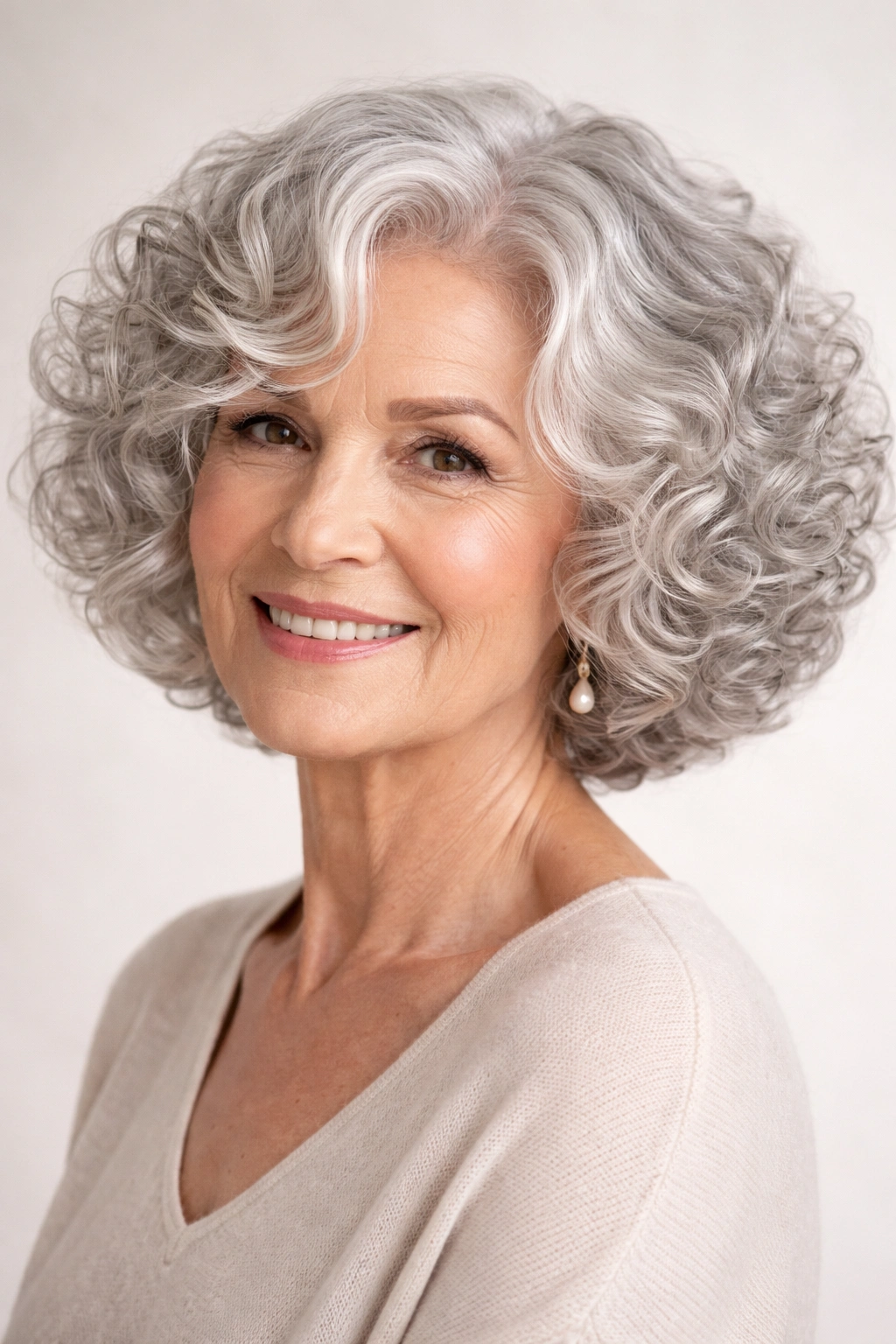 Close-up of a curly silver bob hairstyle with voluminous curls and rounded silhouette