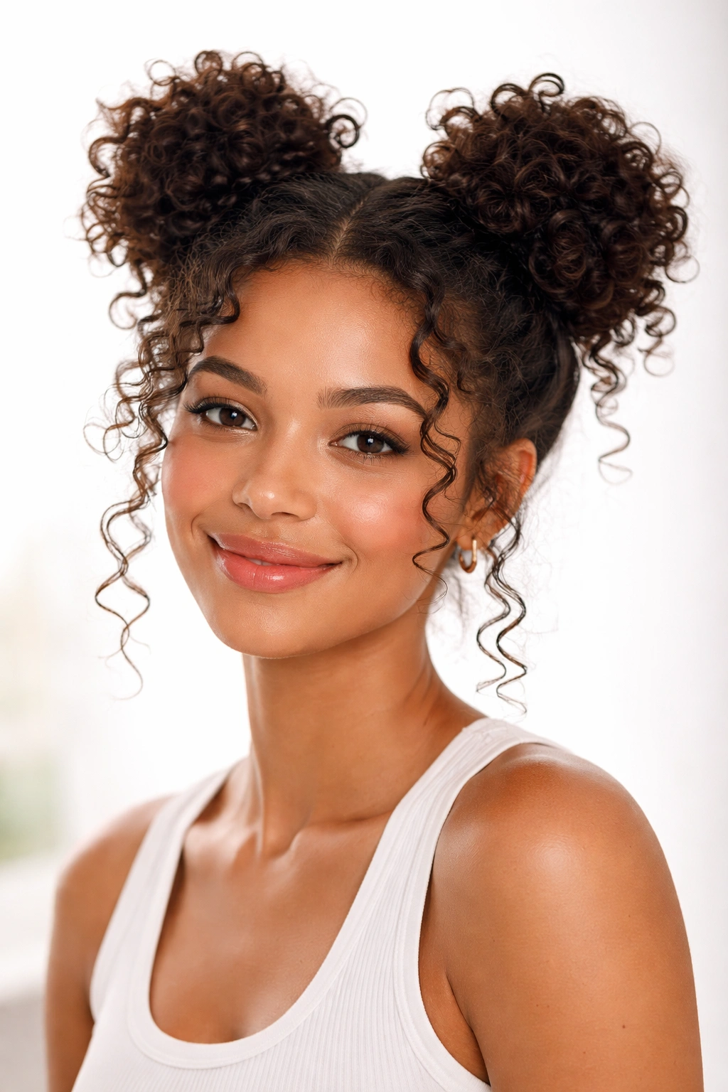 Curly space buns showing textured curls and face-framing strands
