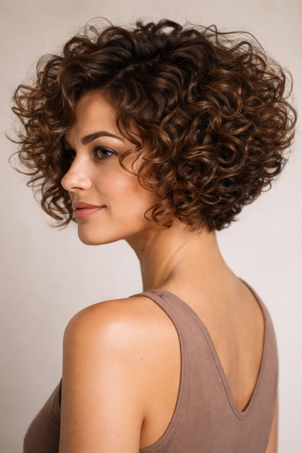 Curly stacked bob with tight back layers and framing front showing natural curl pattern.
