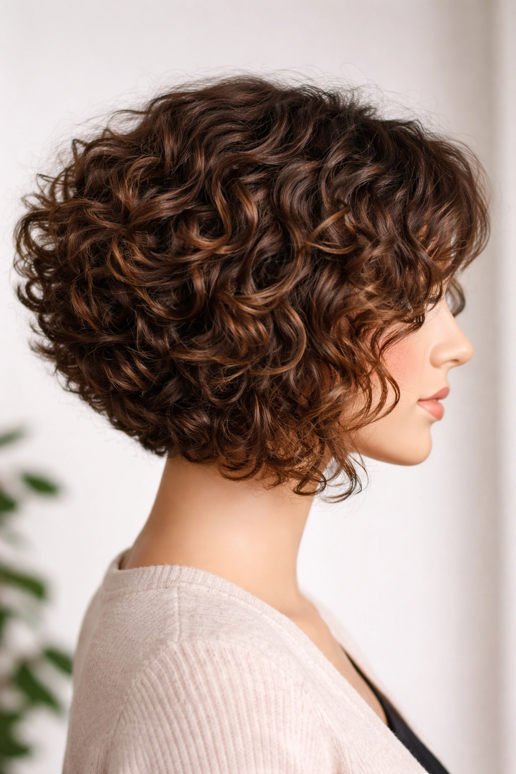 Close-up of a curly stacked bob with back stack and face-framing front pieces on a mannequin head.