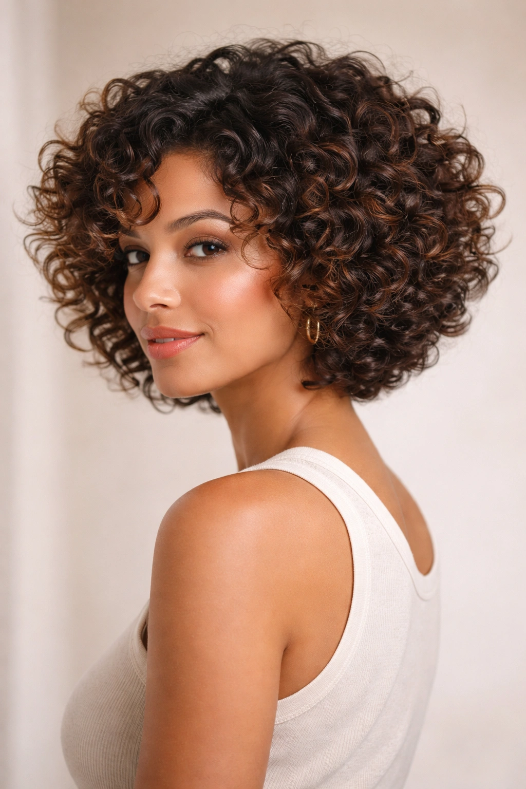 Curly stacked bob showing defined curls and layered back