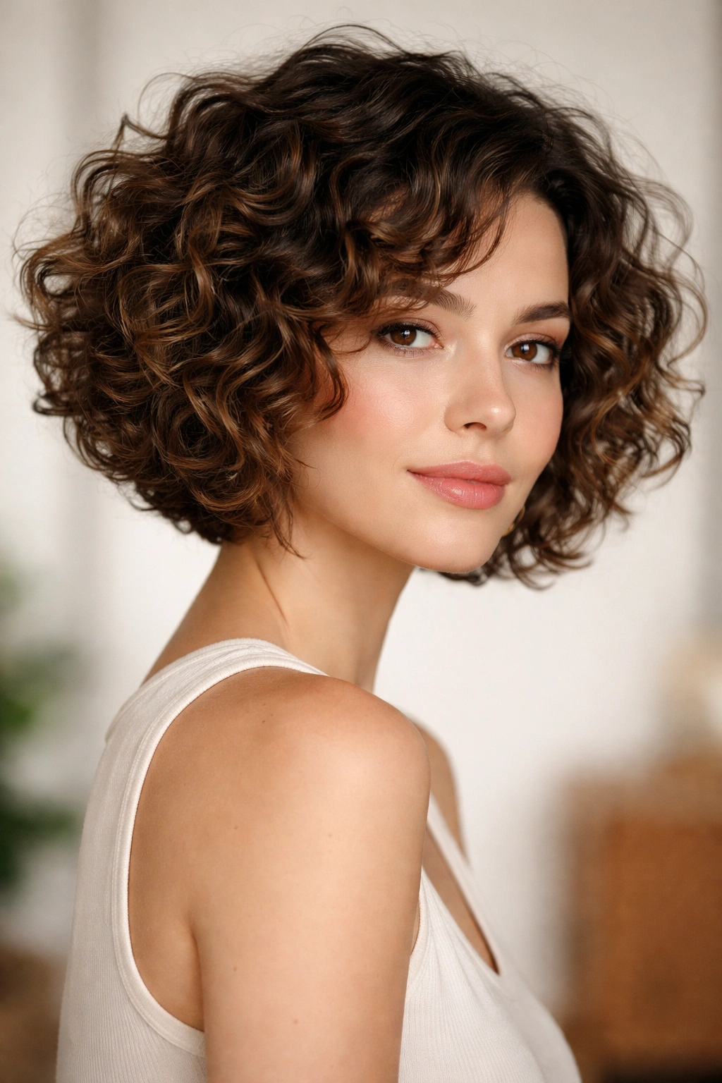 18 Stacked Bob Styles From Short To Medium Length 14 Portrait of a model with curly stacked bob showing defined curls and layered texture