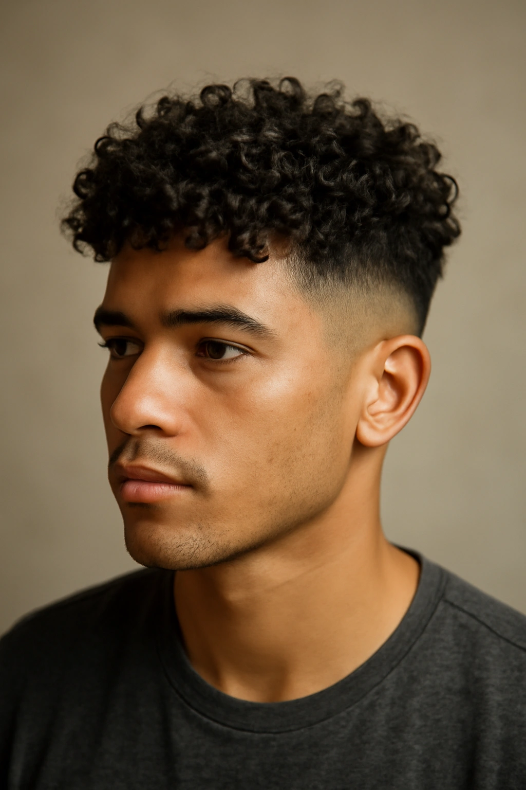 12 Wash and Wear Haircuts for Easy Mornings 8 Close-up of curly hair with a tapered sides and a textured top.