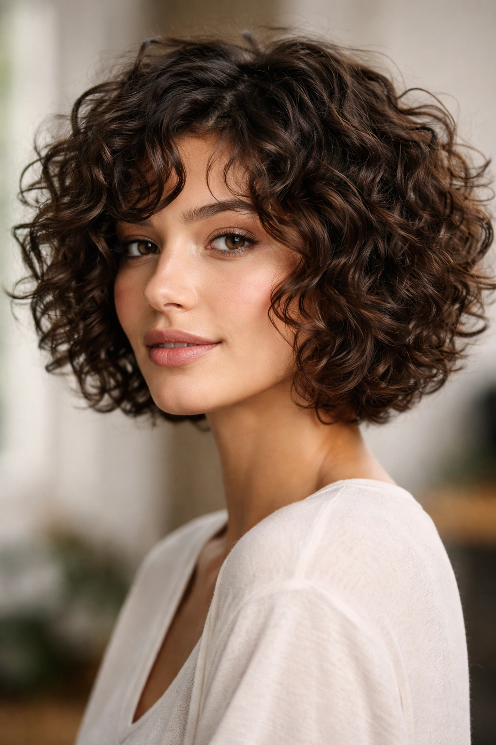 Close-up portrait of a person with a curly textured bob showing defined curls and texture