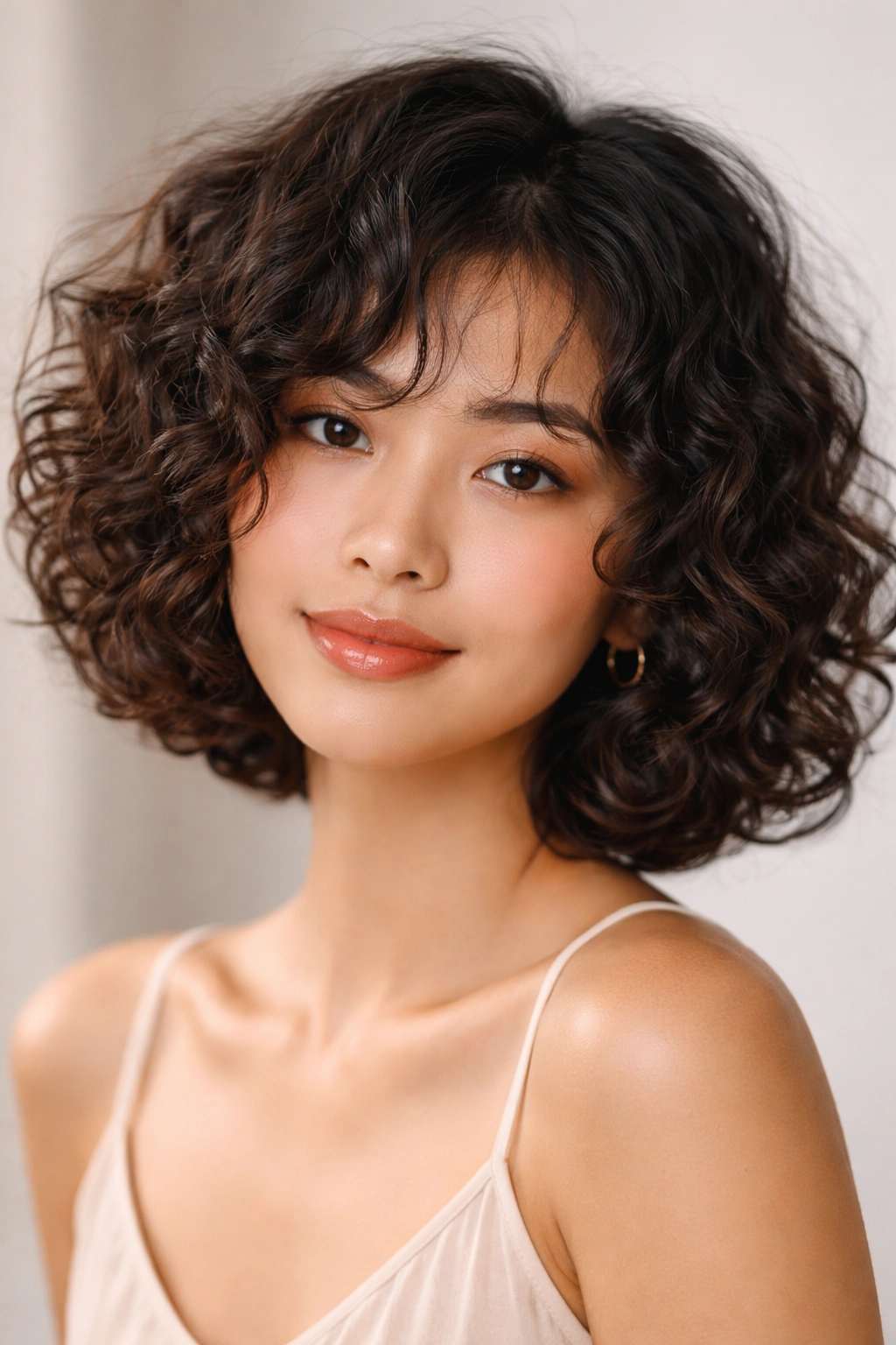Asian woman with a curly textured bob showing defined curls and layering