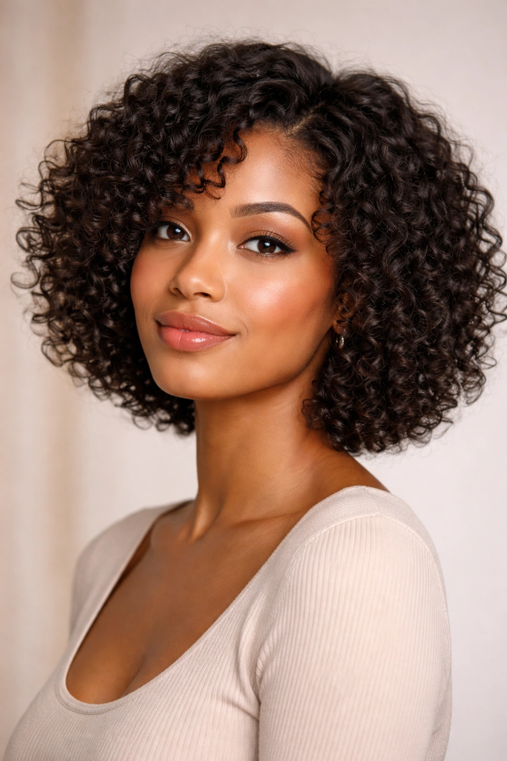 Chin-length curly textured bob with voluminous curls framing the face