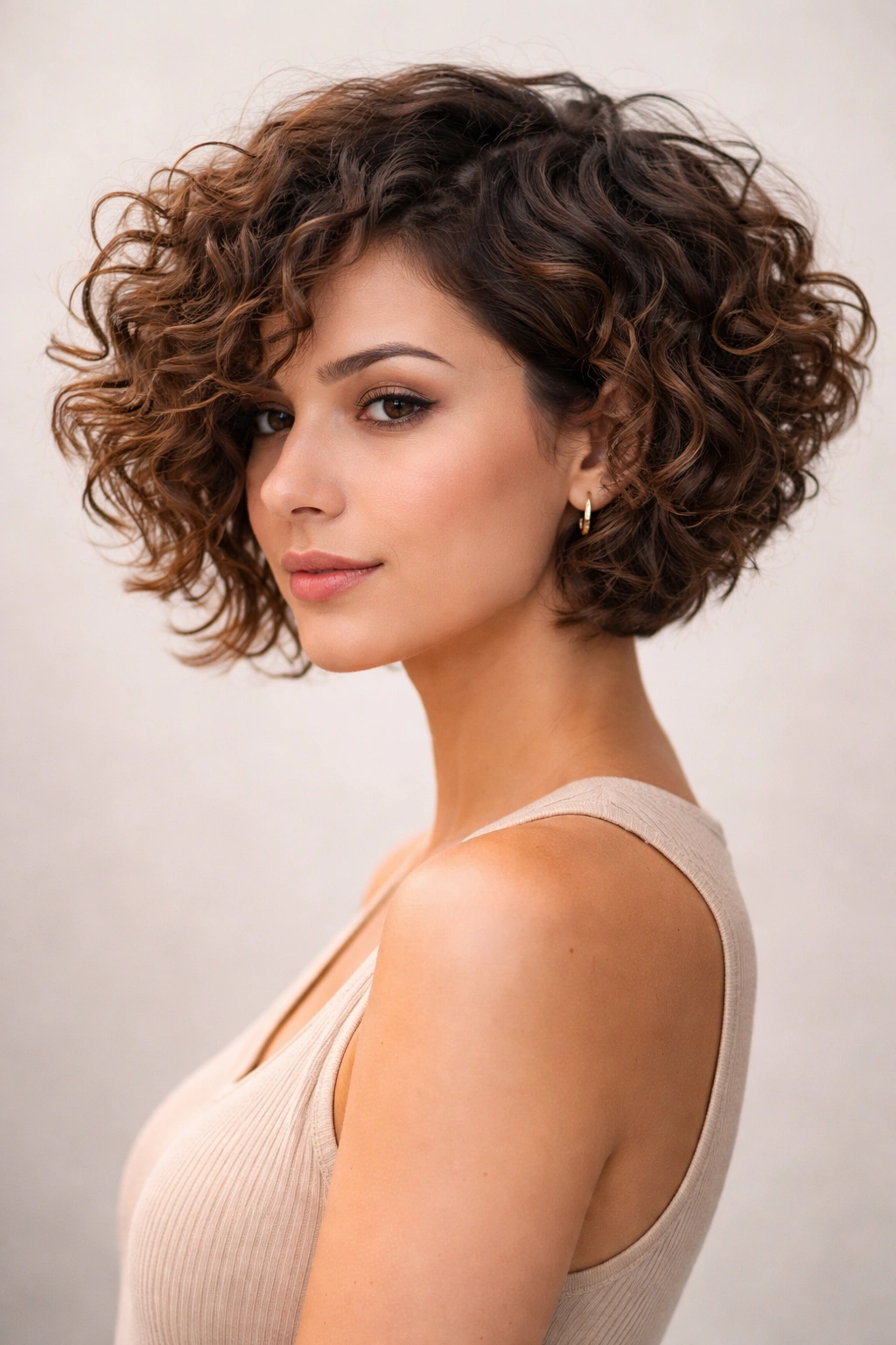 Curly textured inverted bob with natural curls and lifted volume at crown.