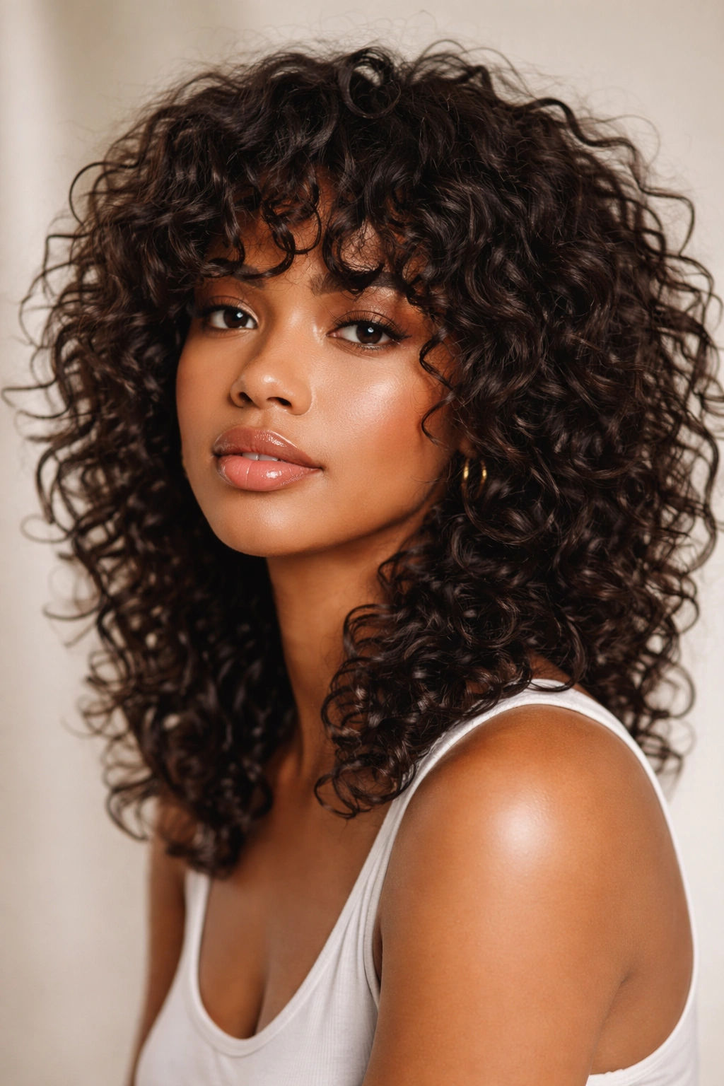 Close-up of curly textured shag haircut with defined curls and layered shape.
