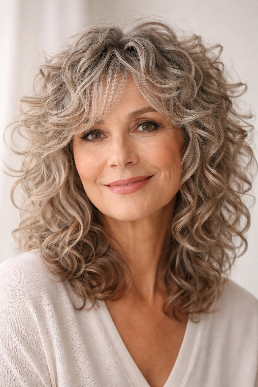 Close-up of curly-textured shag highlighting natural curl pattern and layers
