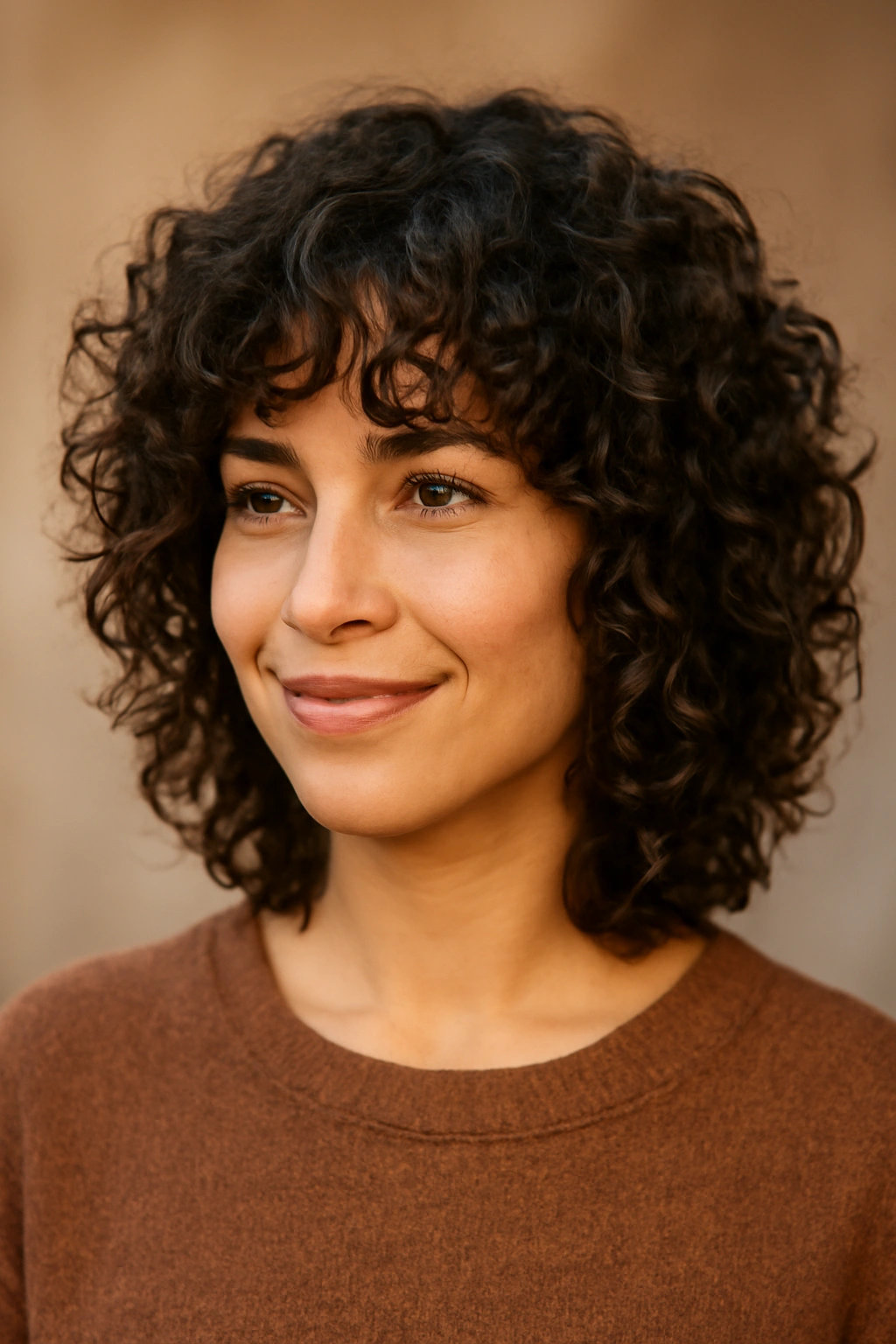 12 Cuts That Hit Right Above the Shoulders (And Look So Good) 12 Head-and-shoulders portrait of a model with a curly-textured shag featuring defined layers and prominent curl pattern.