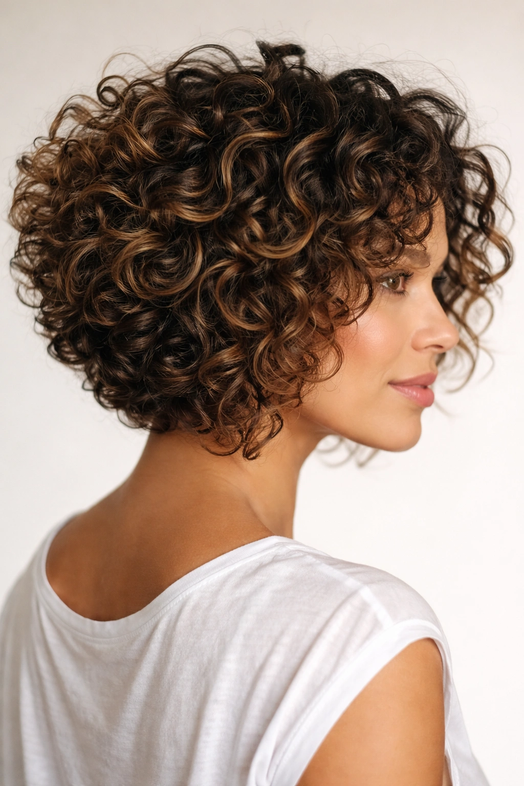 12 Short Stacked Bobs With Lift In The Back 8 Close-up of curly textured stacked bob showing lift and pronounced curl pattern.