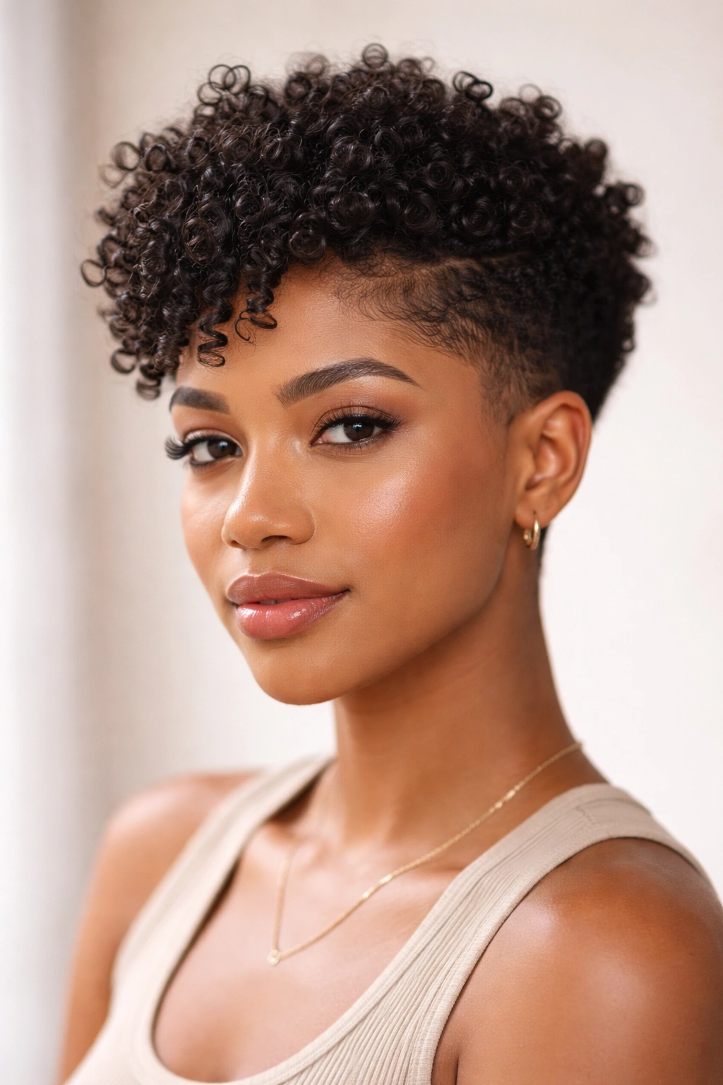 Close-up of a woman with curly textured taper showing defined curls on top and tapered sides