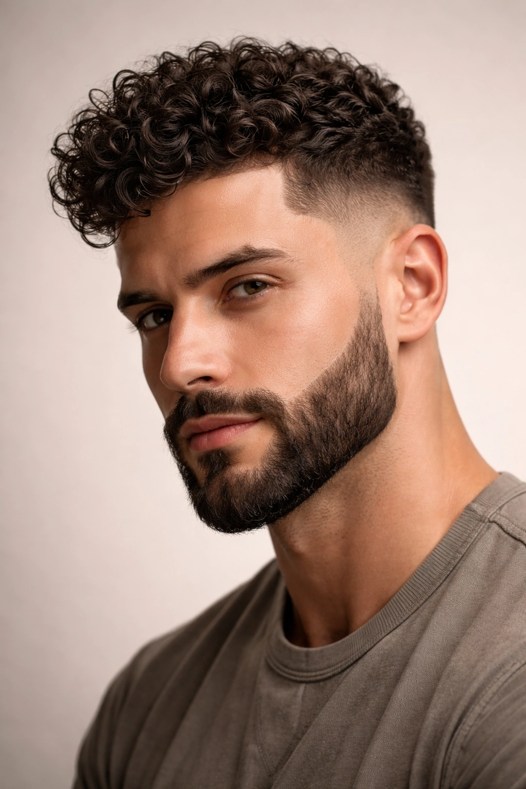 Close-up of curly top hairstyle with a shaped beard in studio lighting