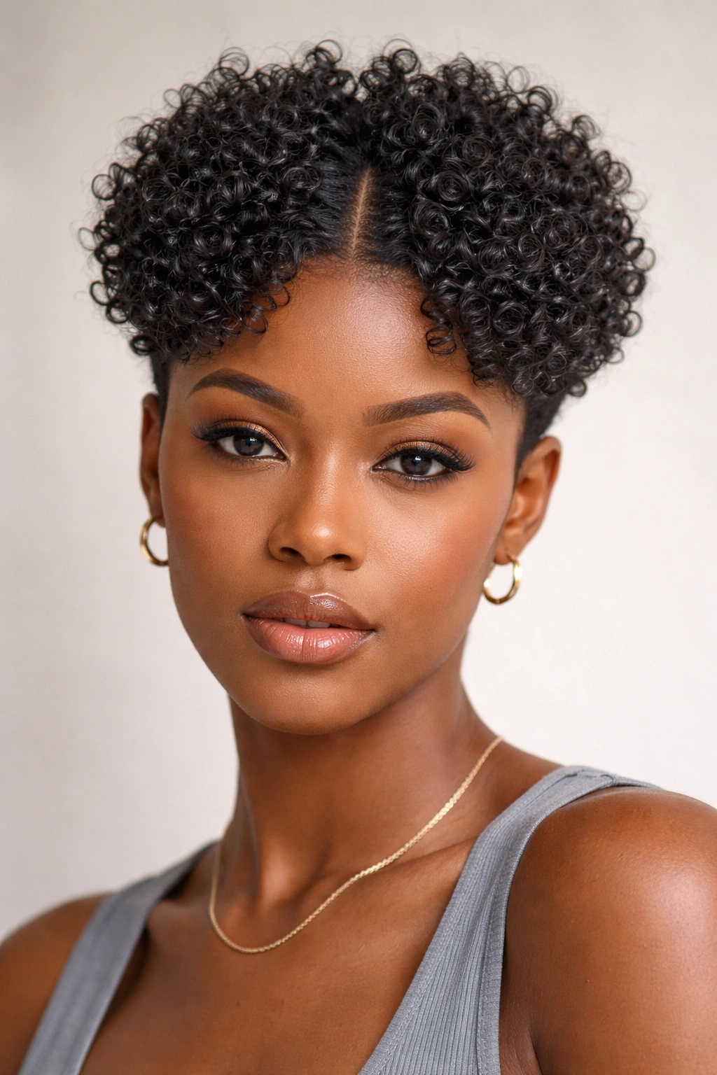 Curly top short cut with centered parting showing voluminous curls on top in studio portrait