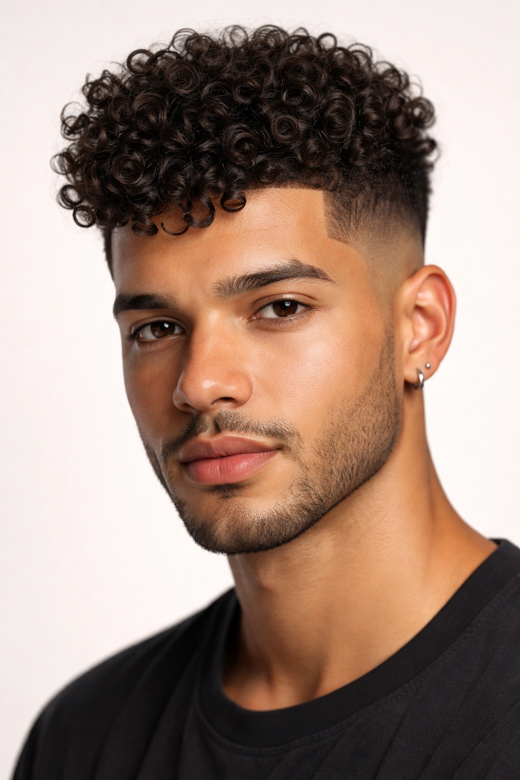 Head-and-shoulders portrait of curls on top with faded sides and defined texture