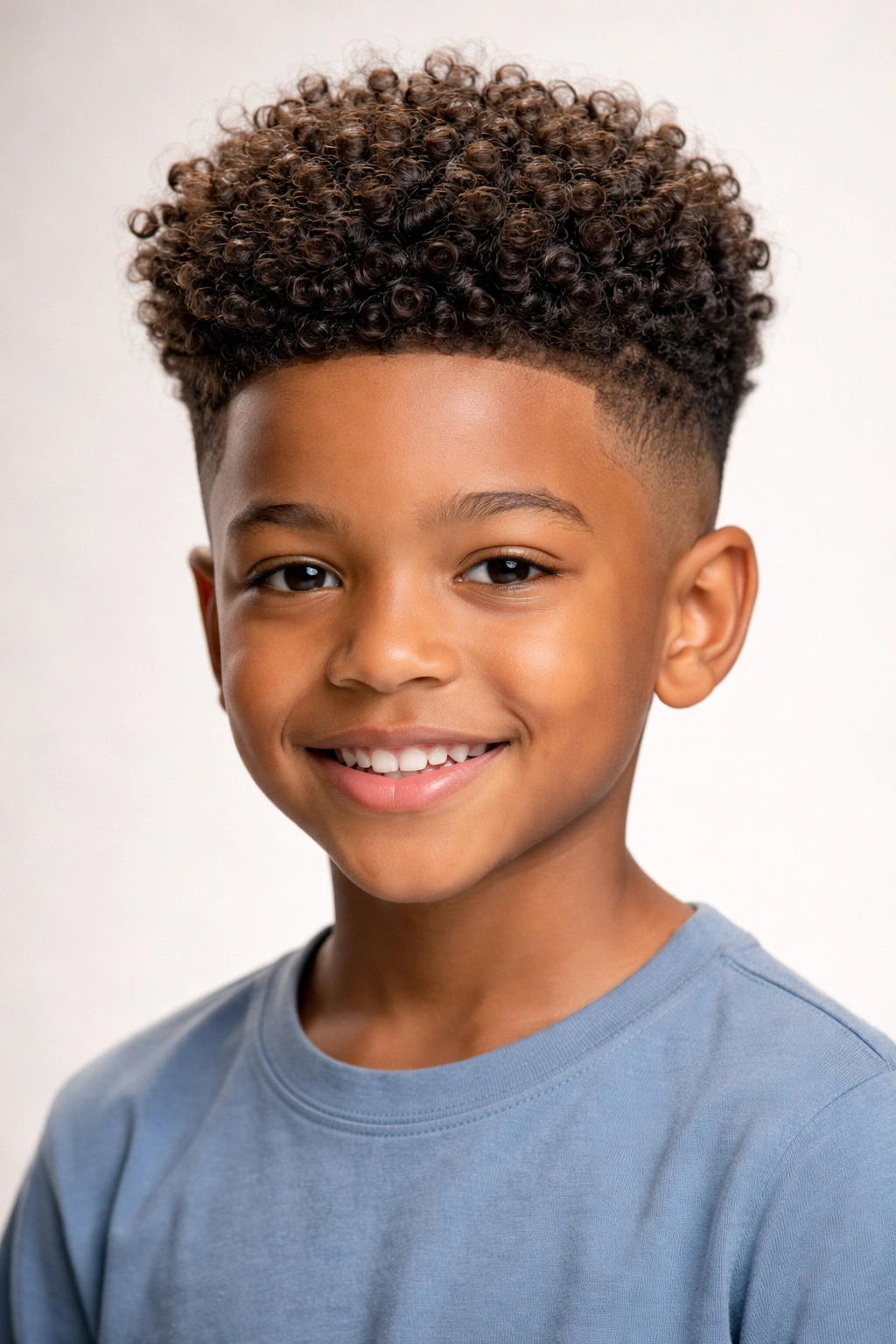 Boy with curly top fade hairstyle showing curly top and faded sides