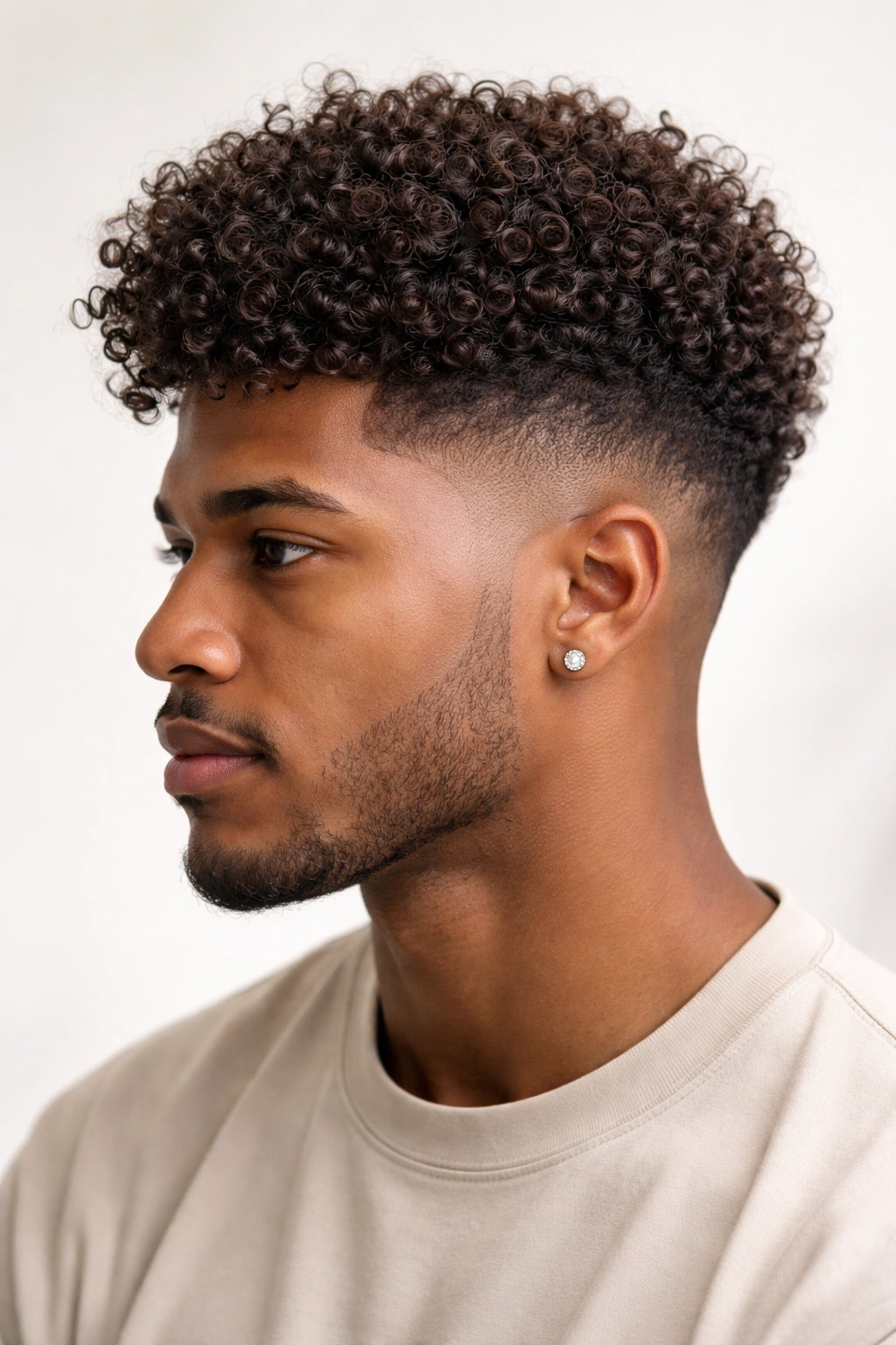 Close-up of curly top with a low fade on the sides