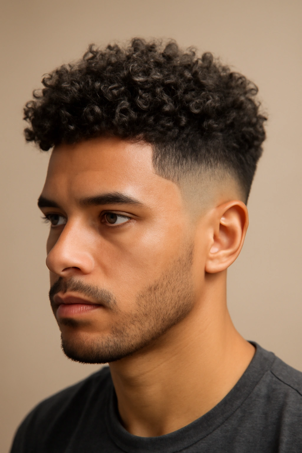 20 Men's Haircuts Matched to Face Shape and Hair Type 17 Close-up of a man with curly top fade, curls on top and faded sides
