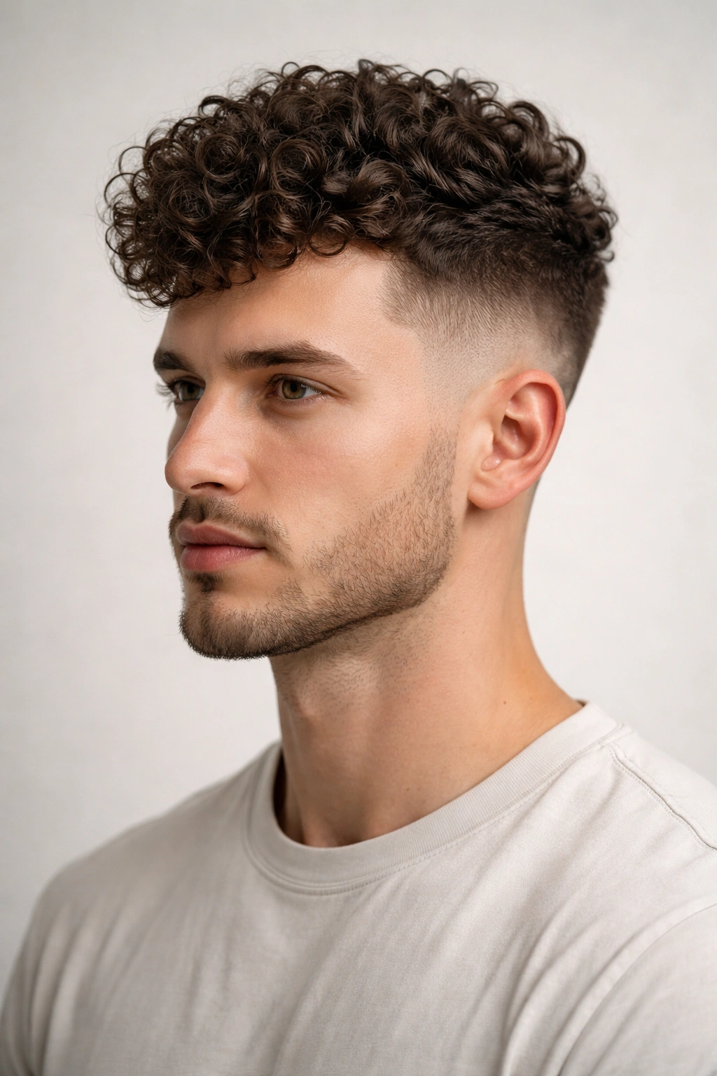 Portrait of a person with curly top and fade on the sides