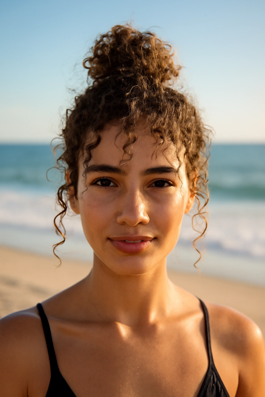 10 Beach Vacation Hairstyles for Short-Haired Women 5 Loose curly top knot on short hair at the beach